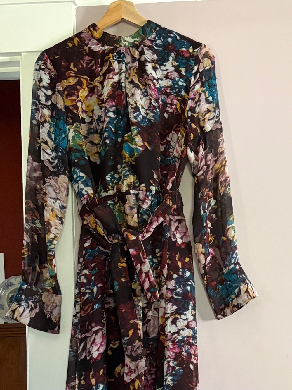 Floral midi dress, long sleeves high neck sheer above knee